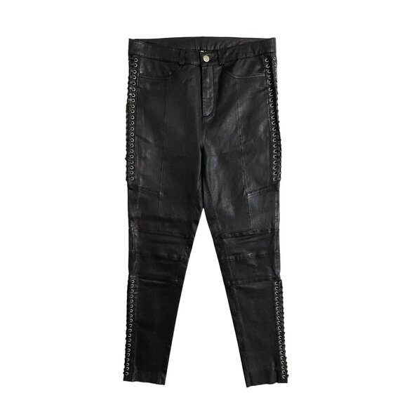 Leather Pants Lace Up Biker 100% Real Lamb Skinny Trousers...